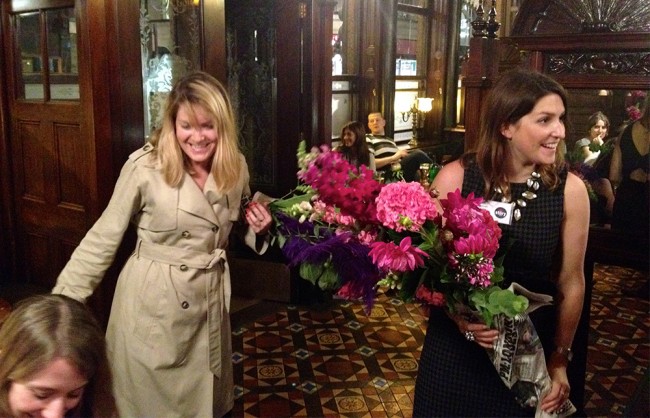 Claire Shanahan and Hannah Davies from Booktrust arrive at the pub for post-event drinks.