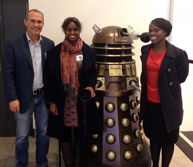 David Vann, Nadifa Mohamed and her friend Mary are very proud of their shiny new Dalek.