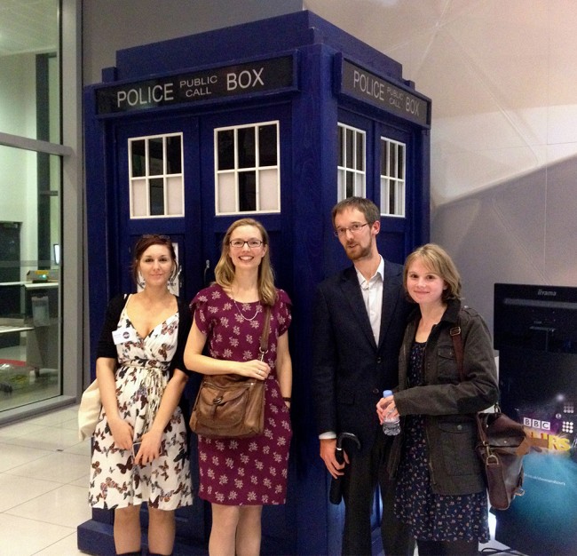 Story folk look for the Tardis key: Katie Slade from Comma Press, KJ Orr, BBC NSSA runner-up Lucy Wood and partner.