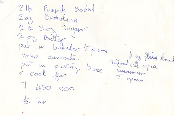 Nan's pumpkin pie recipe card